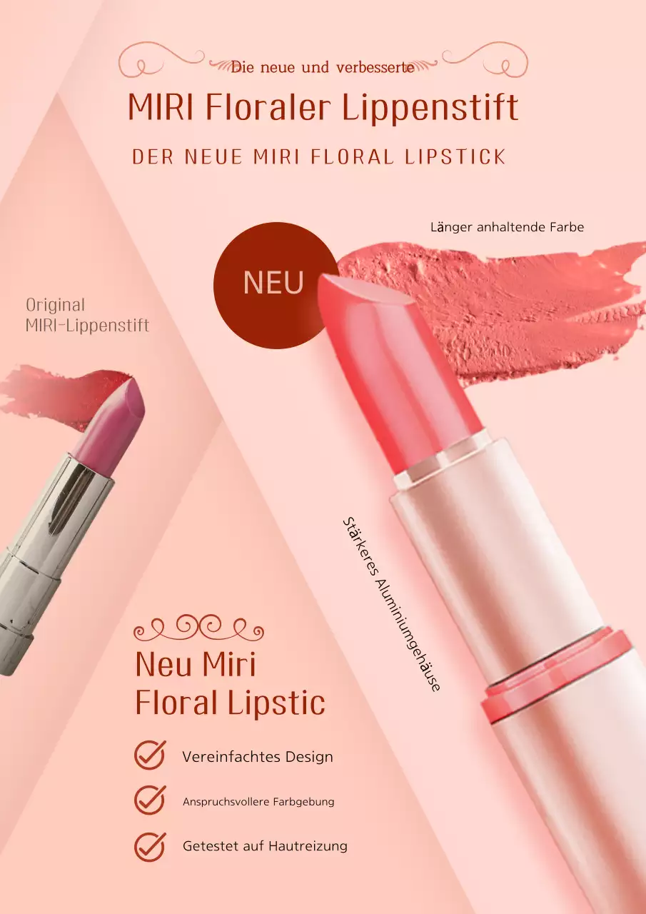 Einfache Anzeige zur Erneuerung eines Lippenstiftes in Rosa und Rot
