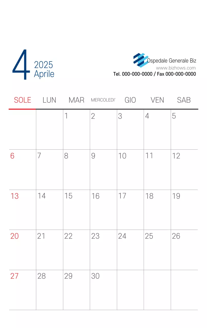 Calendario promozionale dell'ospedale semplice, bianco e blu