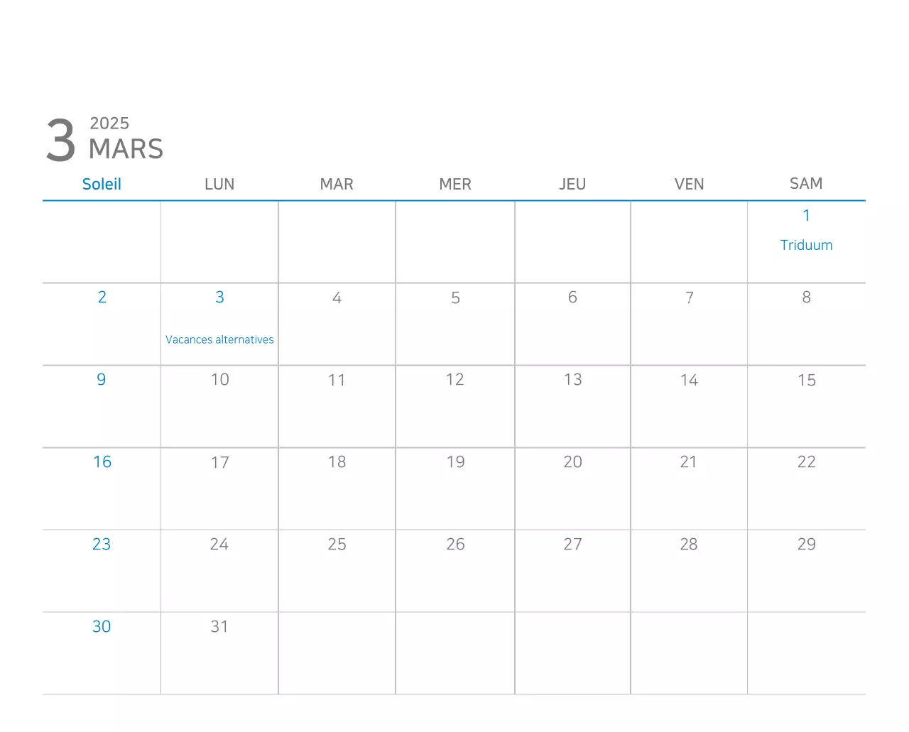 Calendrier moderne bleu Calendrier