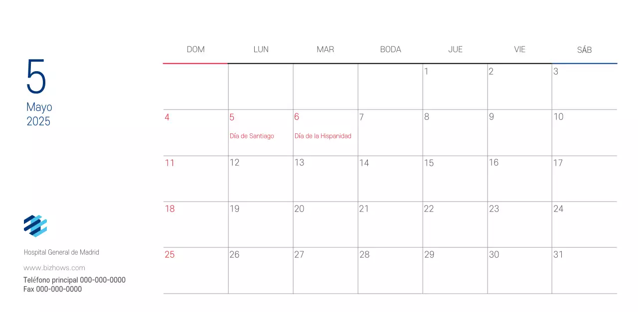 Calendario promocional Hospital Navy White Simple