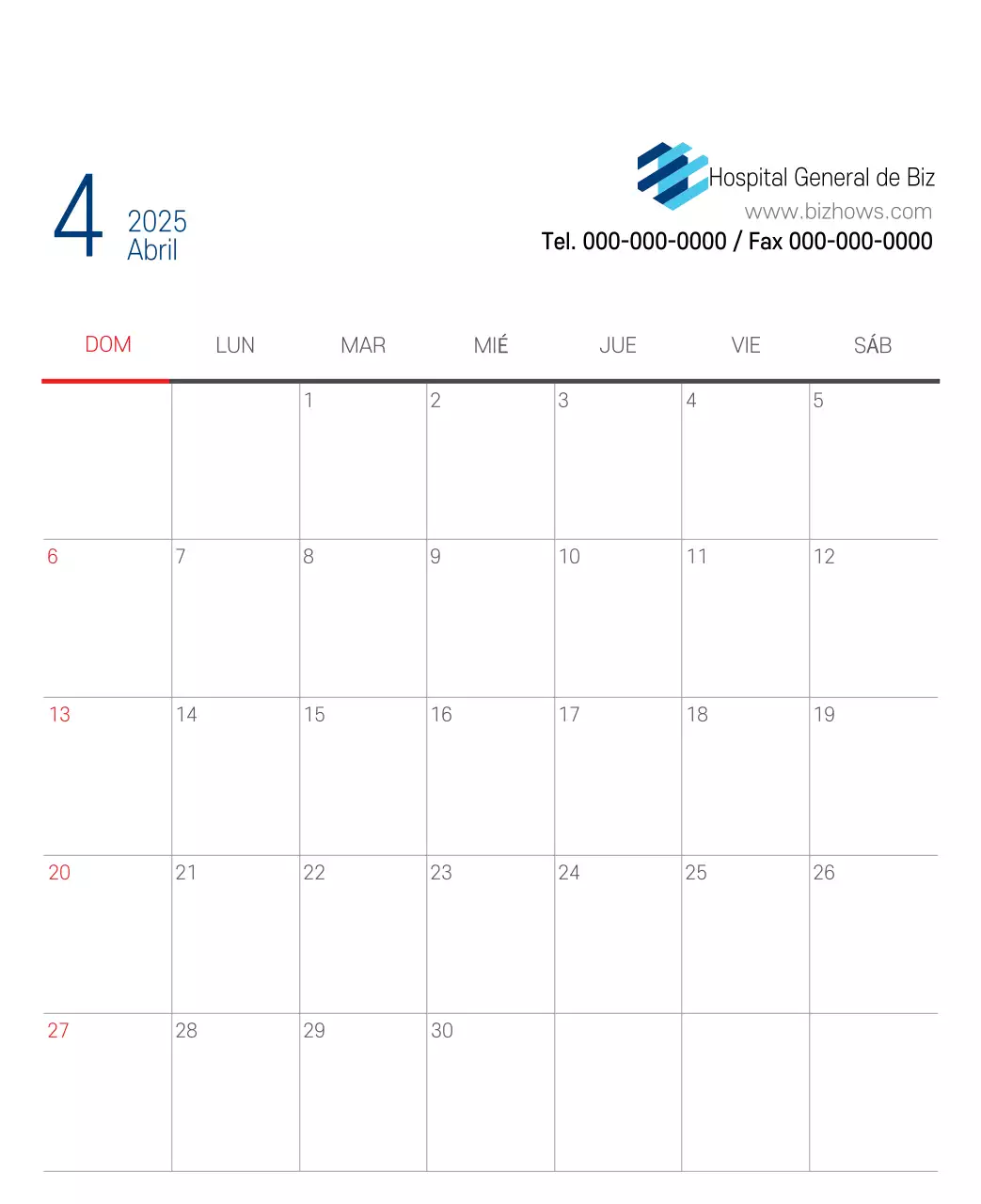 Calendario promocional Hospital Navy White Simple