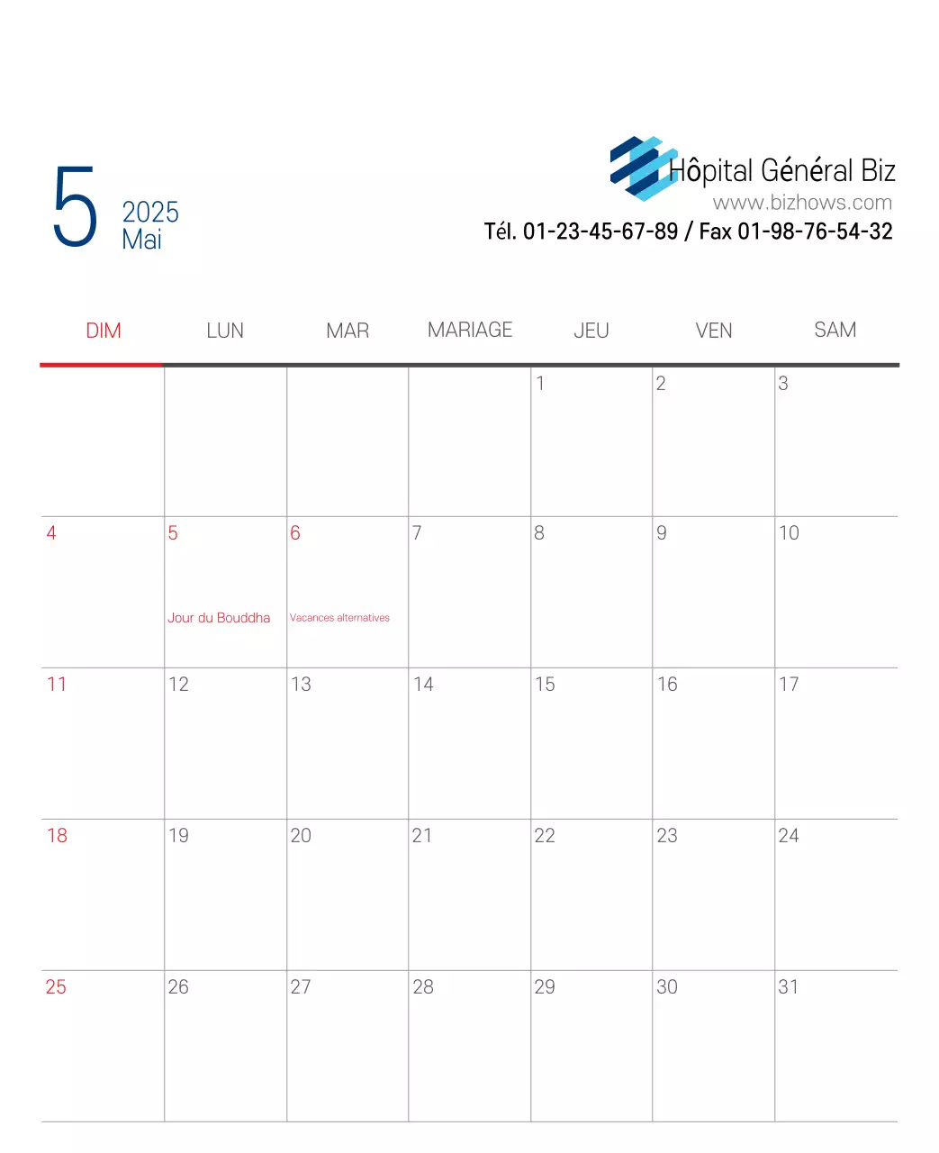 Calendrier promotionnel d'hôpital simple blanc marine