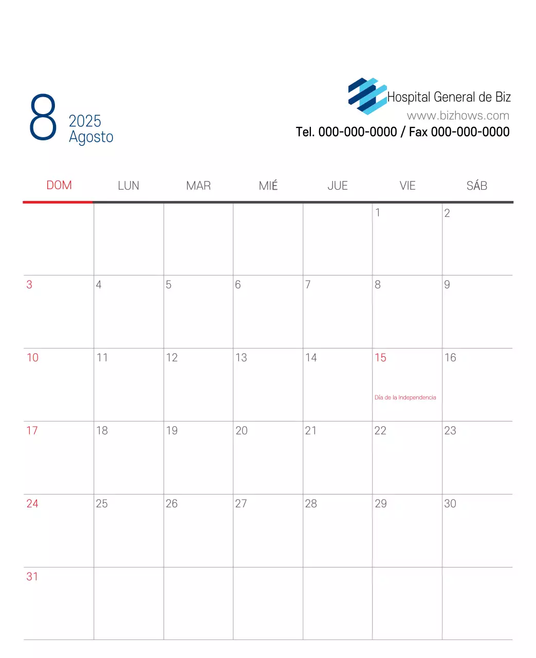 Calendario promocional Hospital Navy White Simple