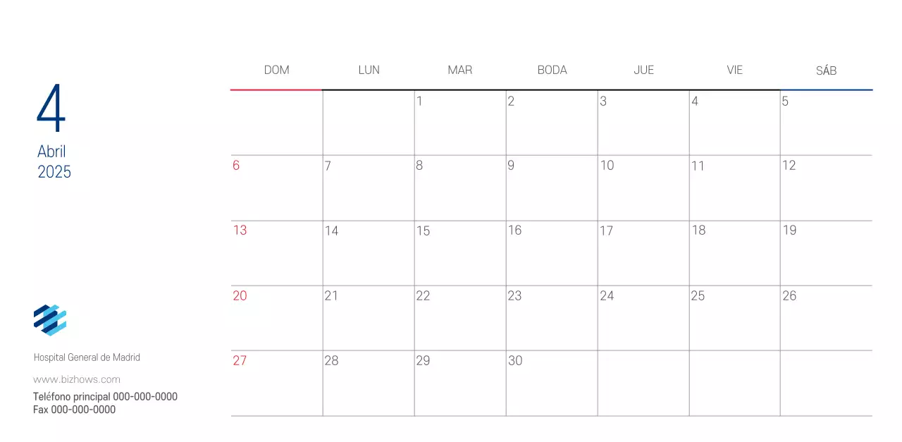 Calendario promocional Hospital Navy White Simple