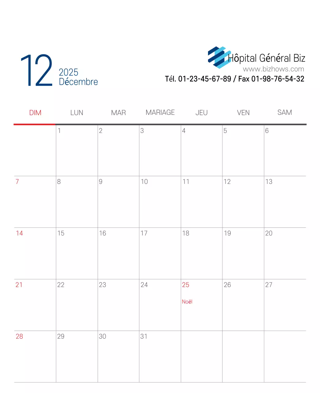 Calendrier promotionnel d'hôpital simple blanc marine