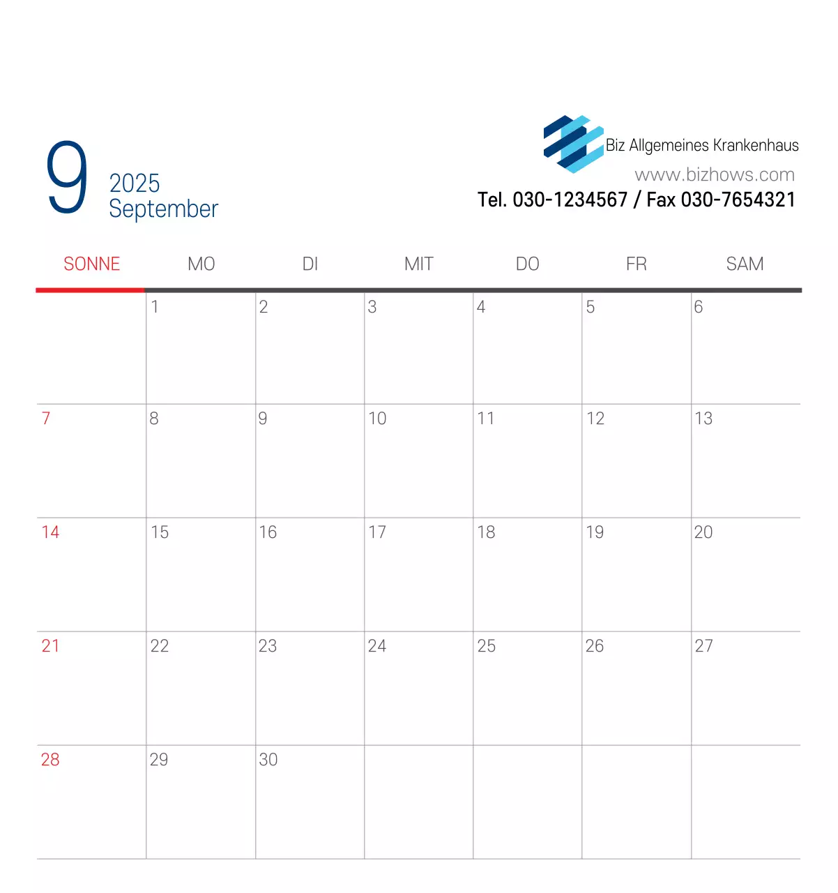 Marineblauer einfacher Krankenhaus-Werbekalender