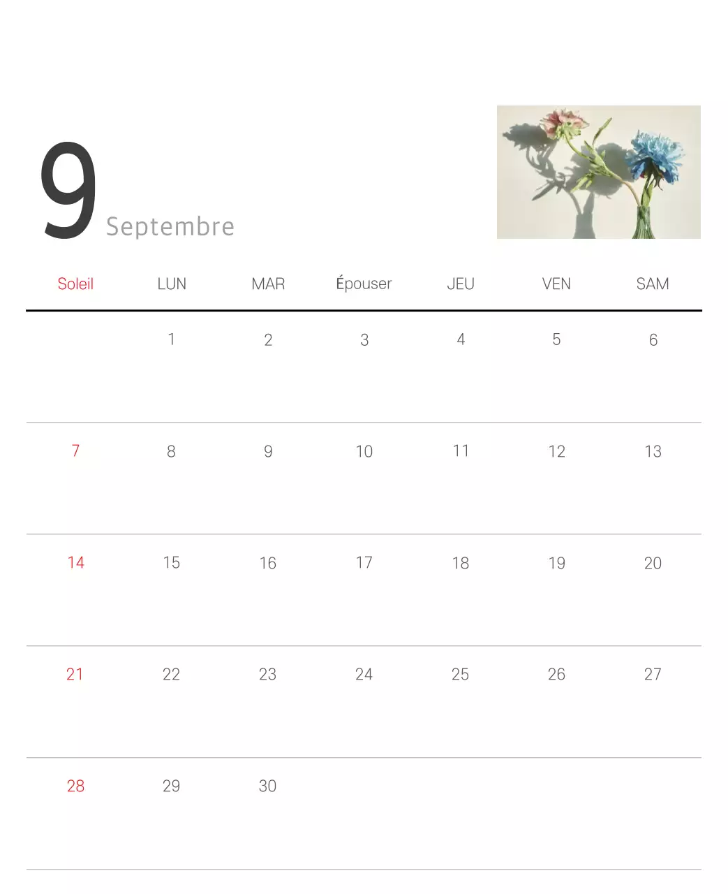 Calendrier botanique blanc et propre