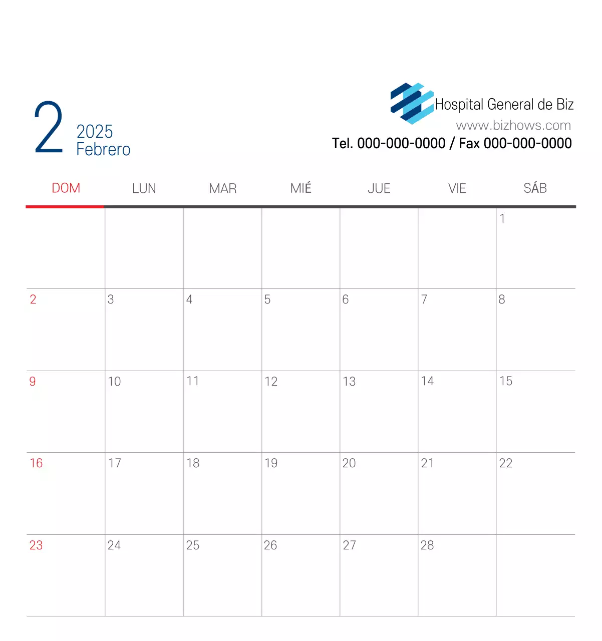 Calendario promocional Hospital Navy White Simple