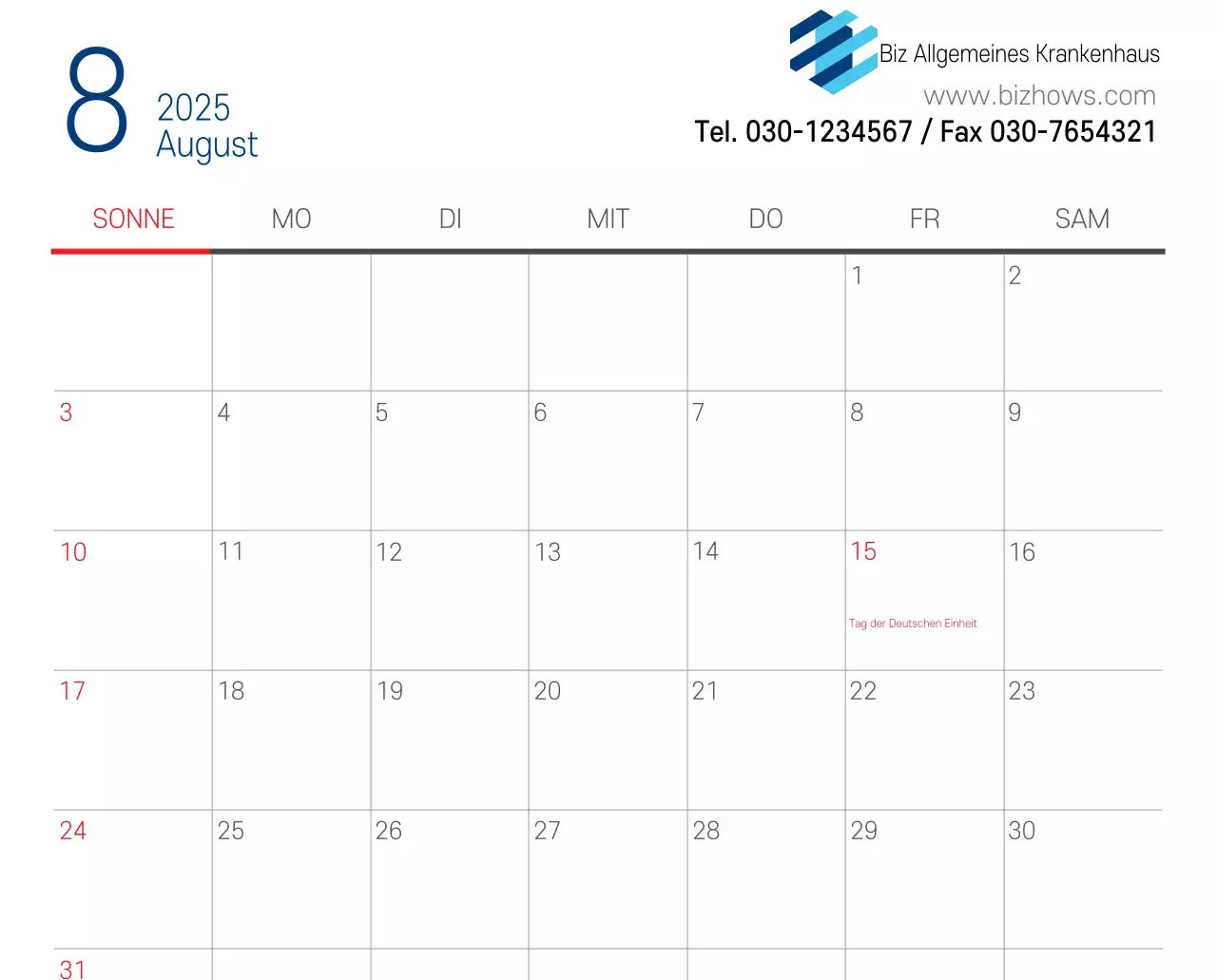 Marineblauer einfacher Krankenhaus-Werbekalender