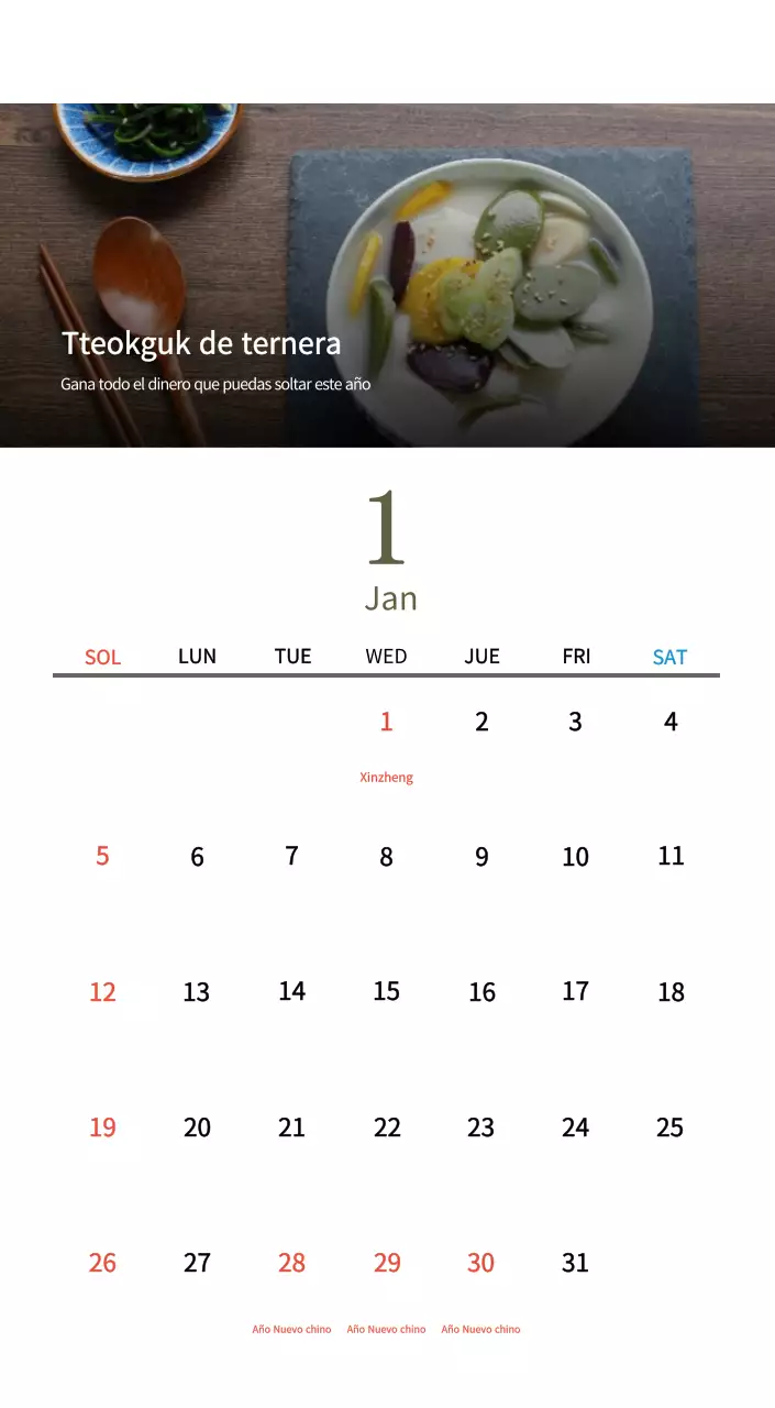 Calendario de comidas tradicionales en beige