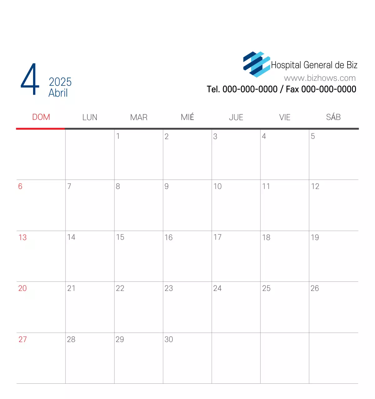 Calendario promocional Hospital Navy White Simple