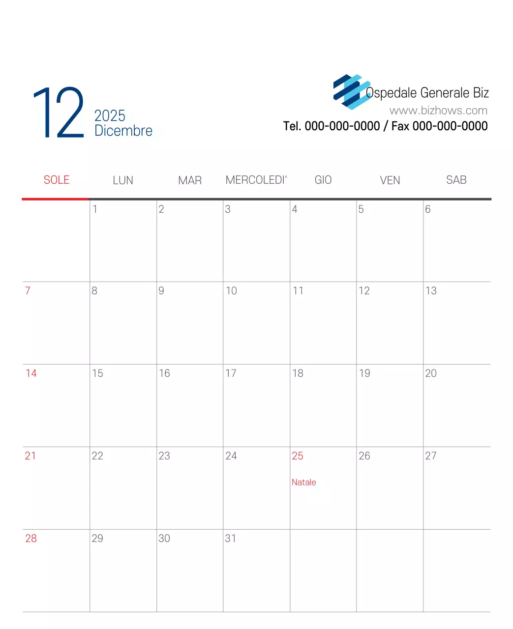 Calendario promozionale dell'ospedale semplice, bianco e blu