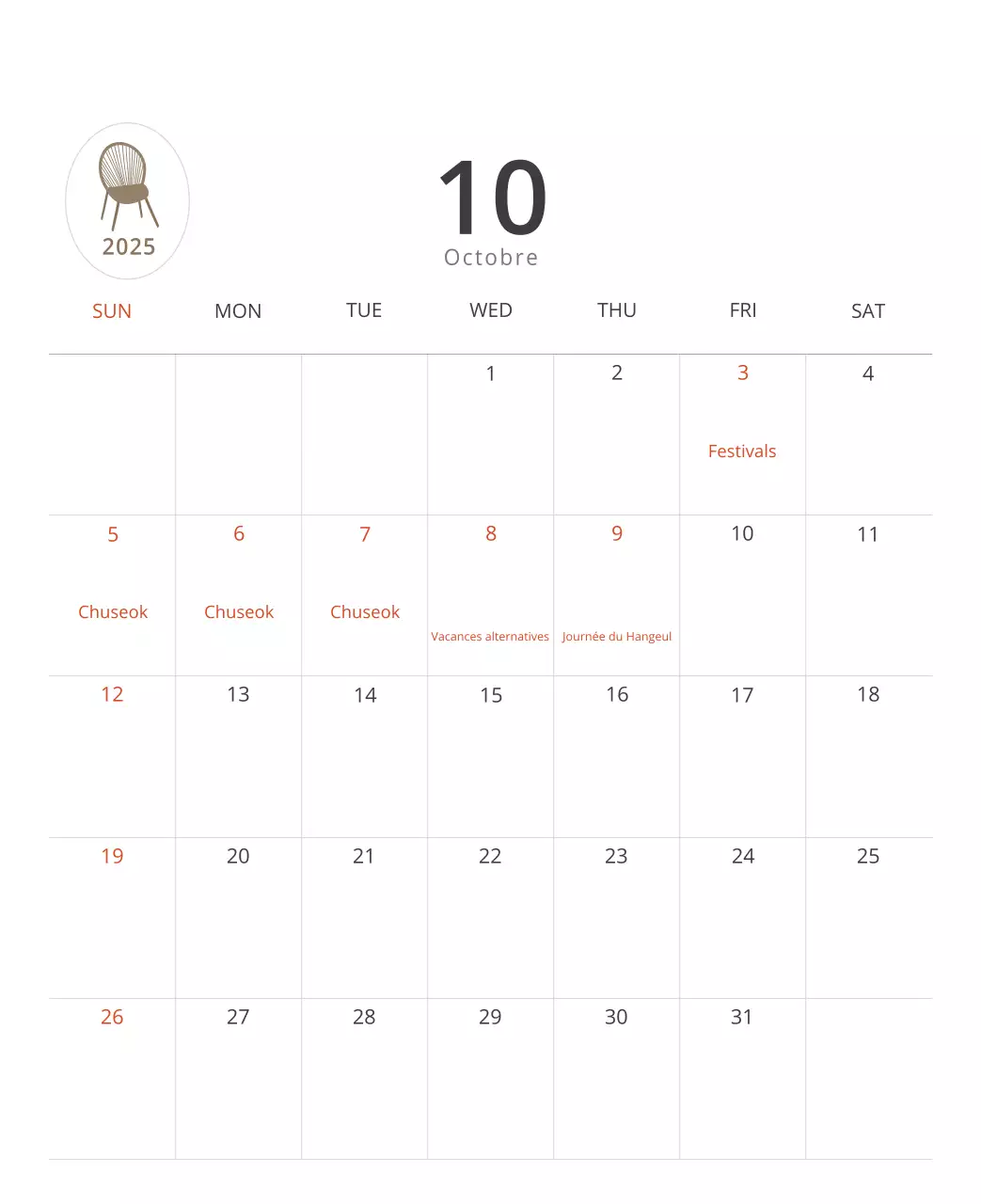 Calendrier intérieur minimaliste beige