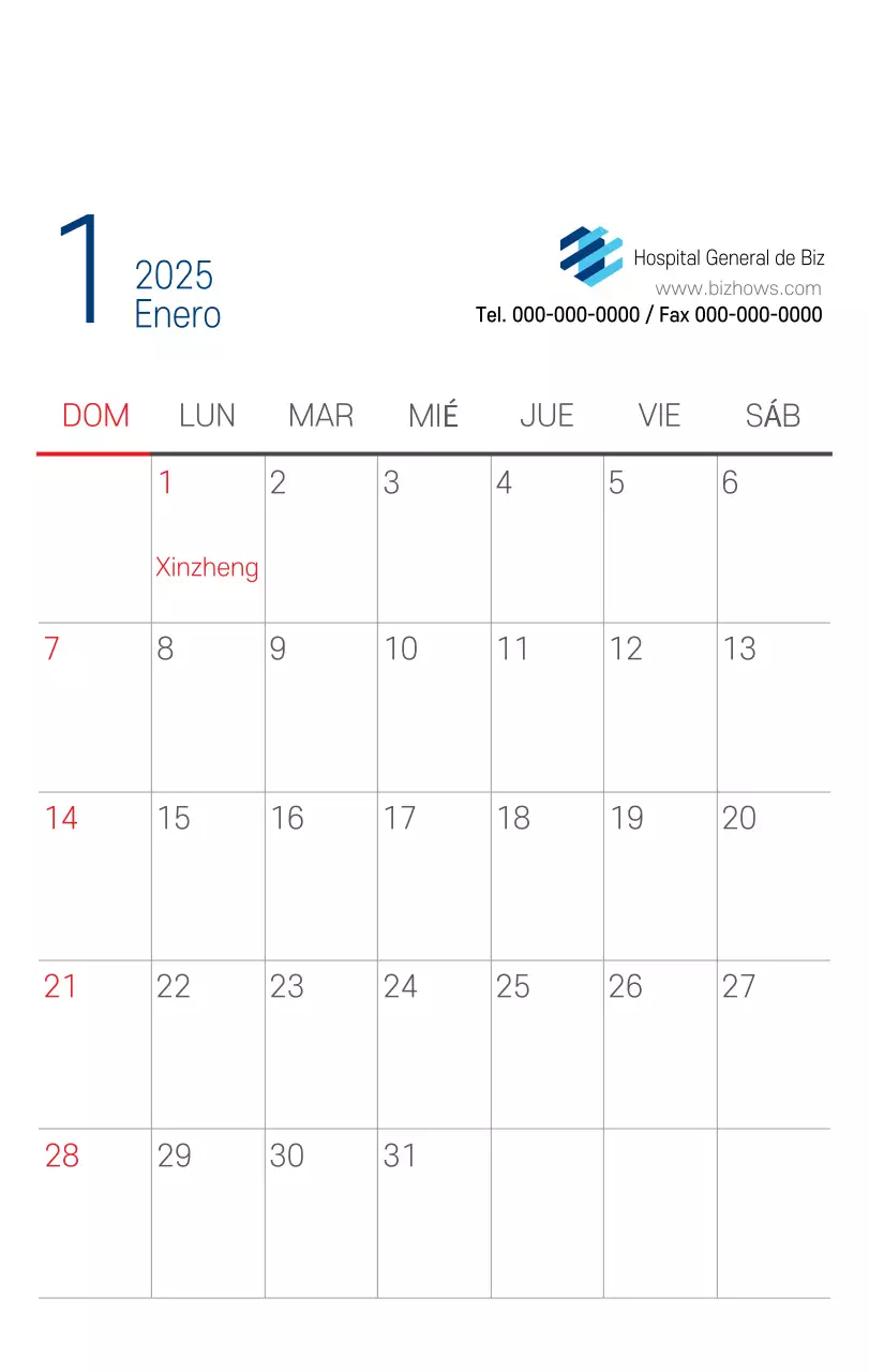 Calendario promocional Hospital Navy White Simple