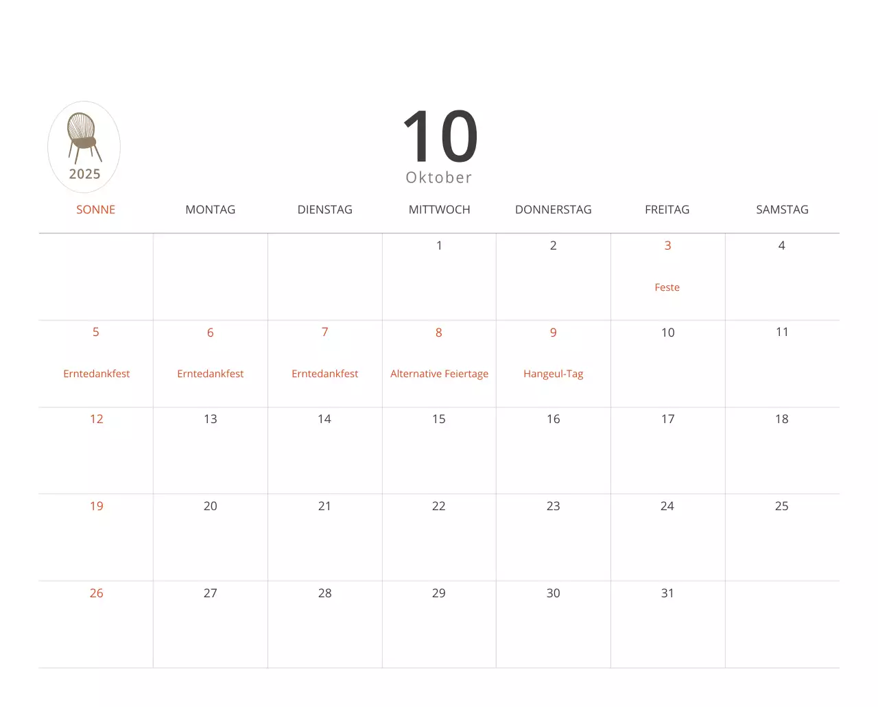 Beigefarbener minimalistischer Innenkalender