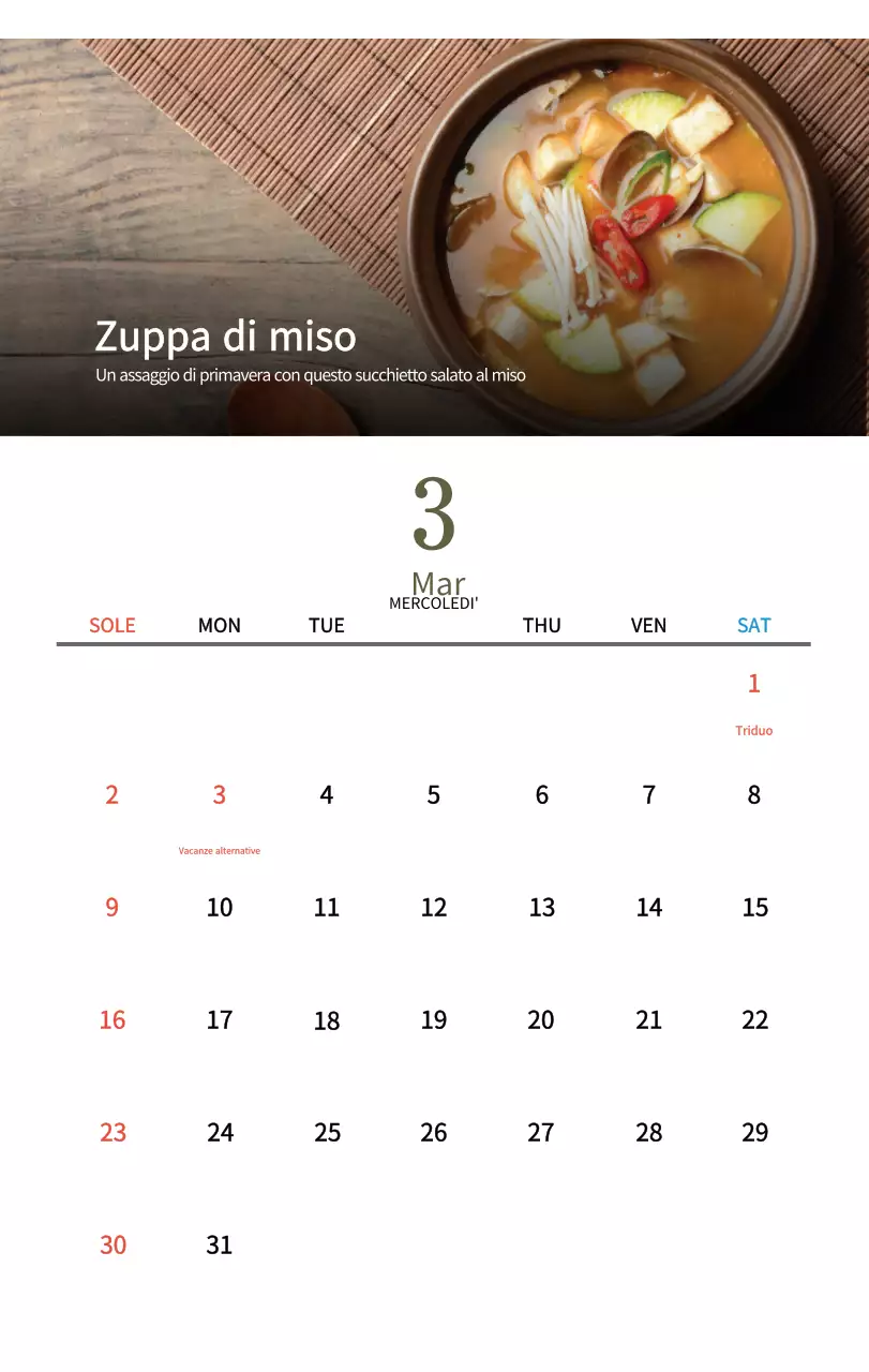 Calendario alimentare tradizionale beige