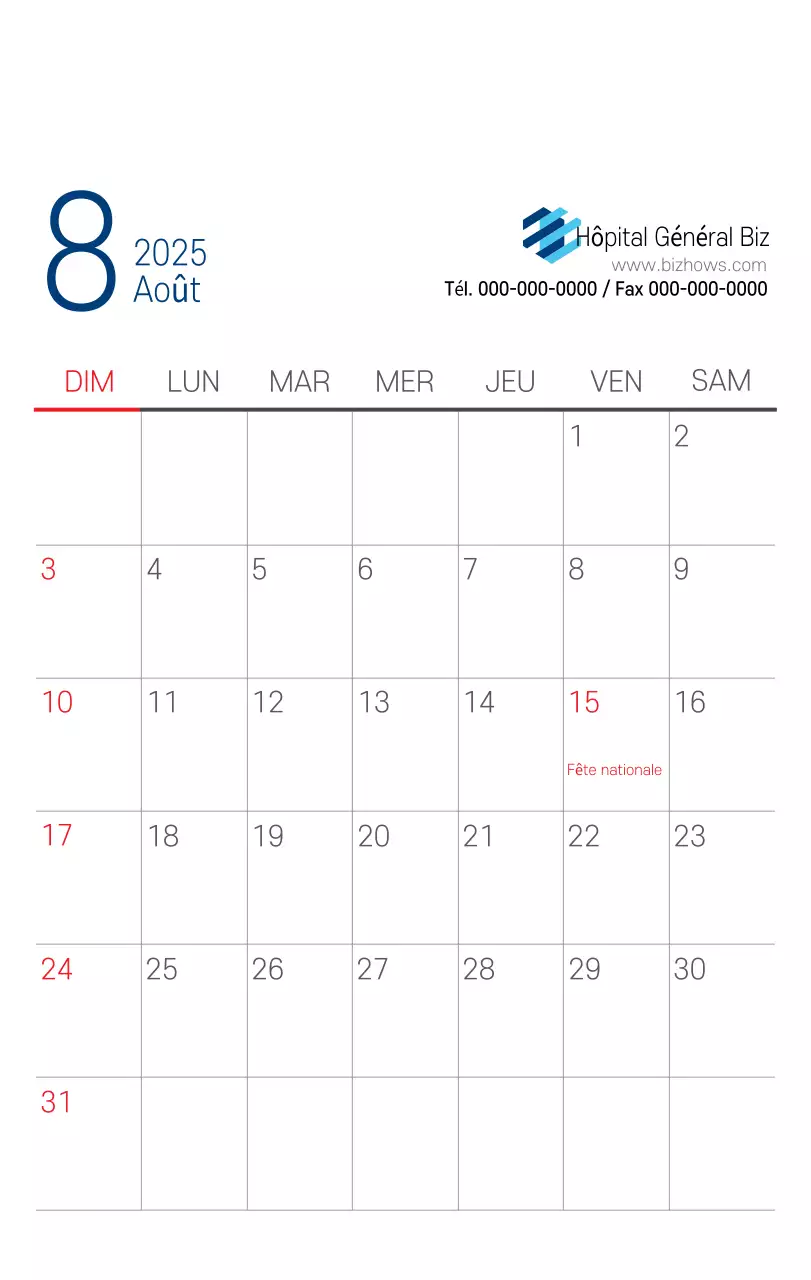 Calendrier promotionnel d'hôpital simple blanc marine
