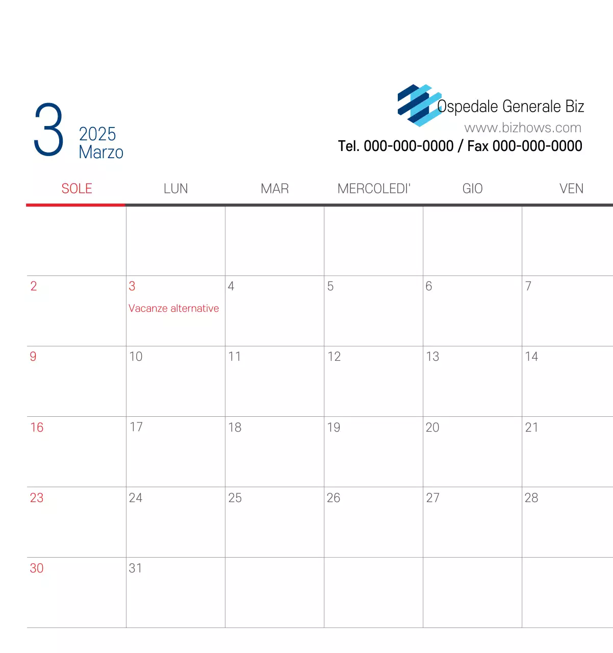 Calendario promozionale dell'ospedale semplice, bianco e blu