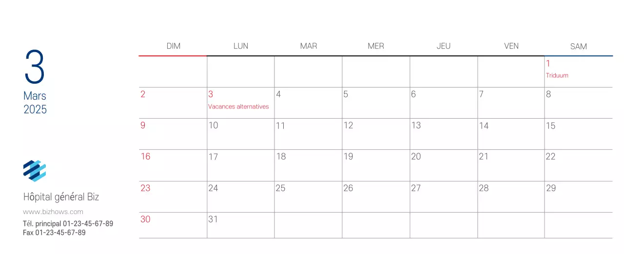 Calendrier promotionnel d'hôpital simple blanc marine