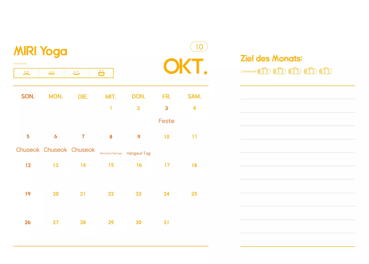 Orange Minimalistischer Yoga-Aktionskalender