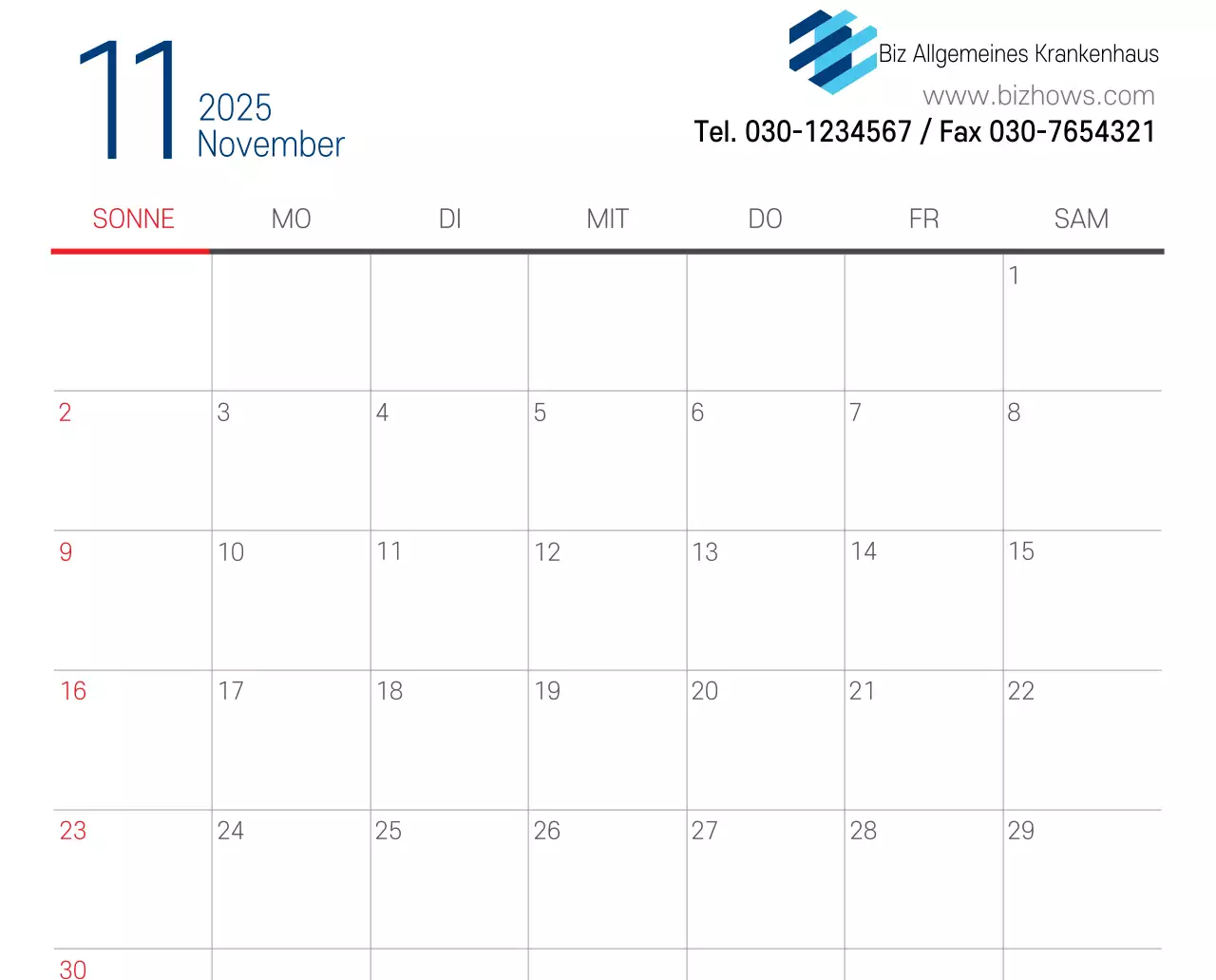 Marineblauer einfacher Krankenhaus-Werbekalender