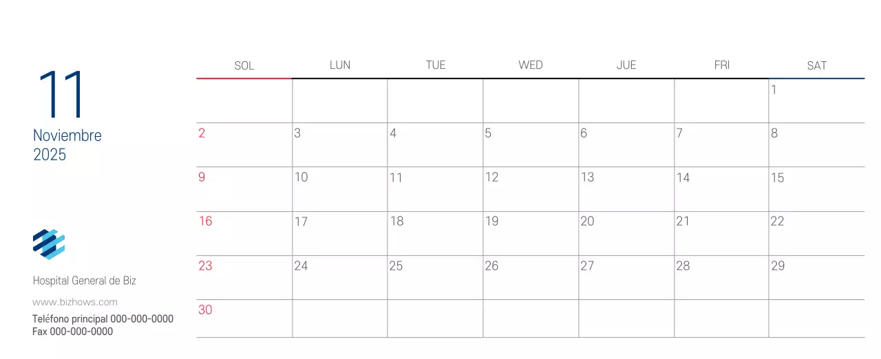 Calendario promocional Hospital Navy White Simple