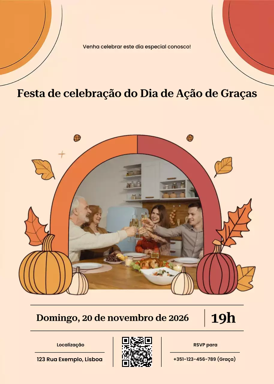 Convite de Ação de Graças Bege Laranja Retro