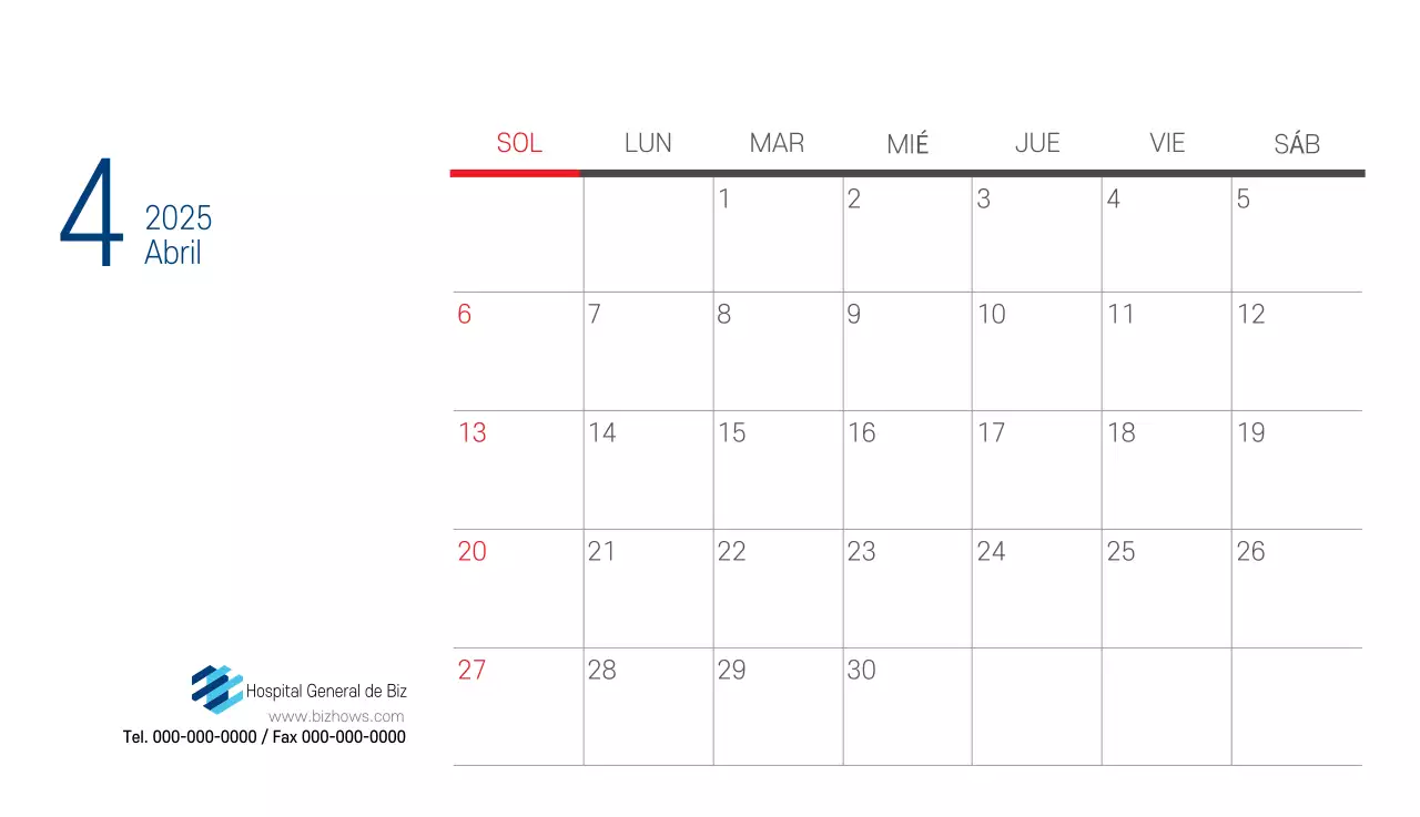 Calendario promocional Hospital Navy White Simple