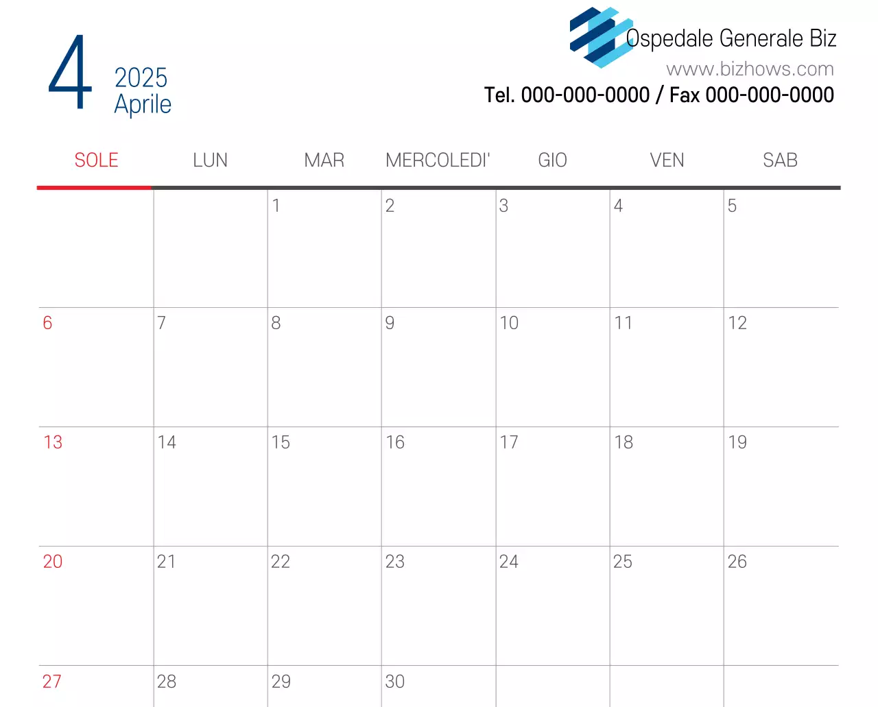 Calendario promozionale dell'ospedale semplice, bianco e blu