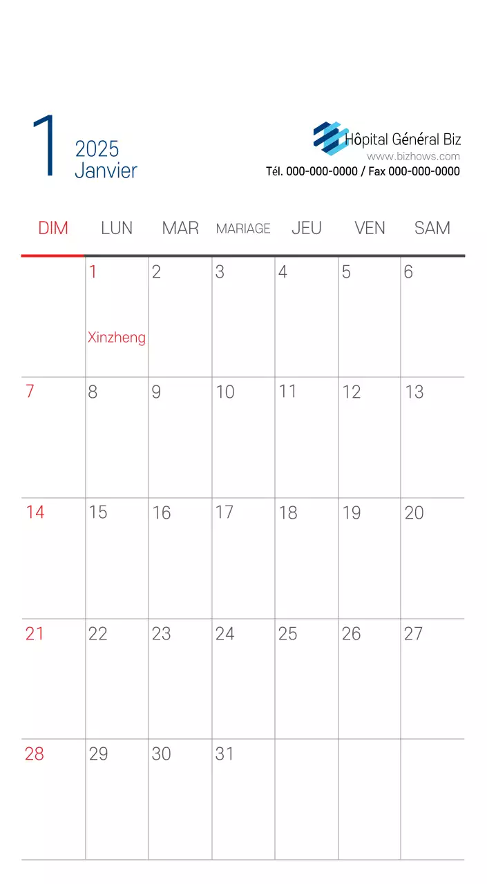 Calendrier promotionnel d'hôpital simple blanc marine