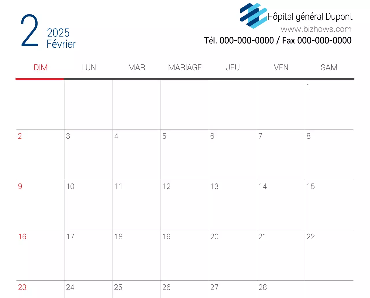 Calendrier promotionnel d'hôpital simple blanc marine