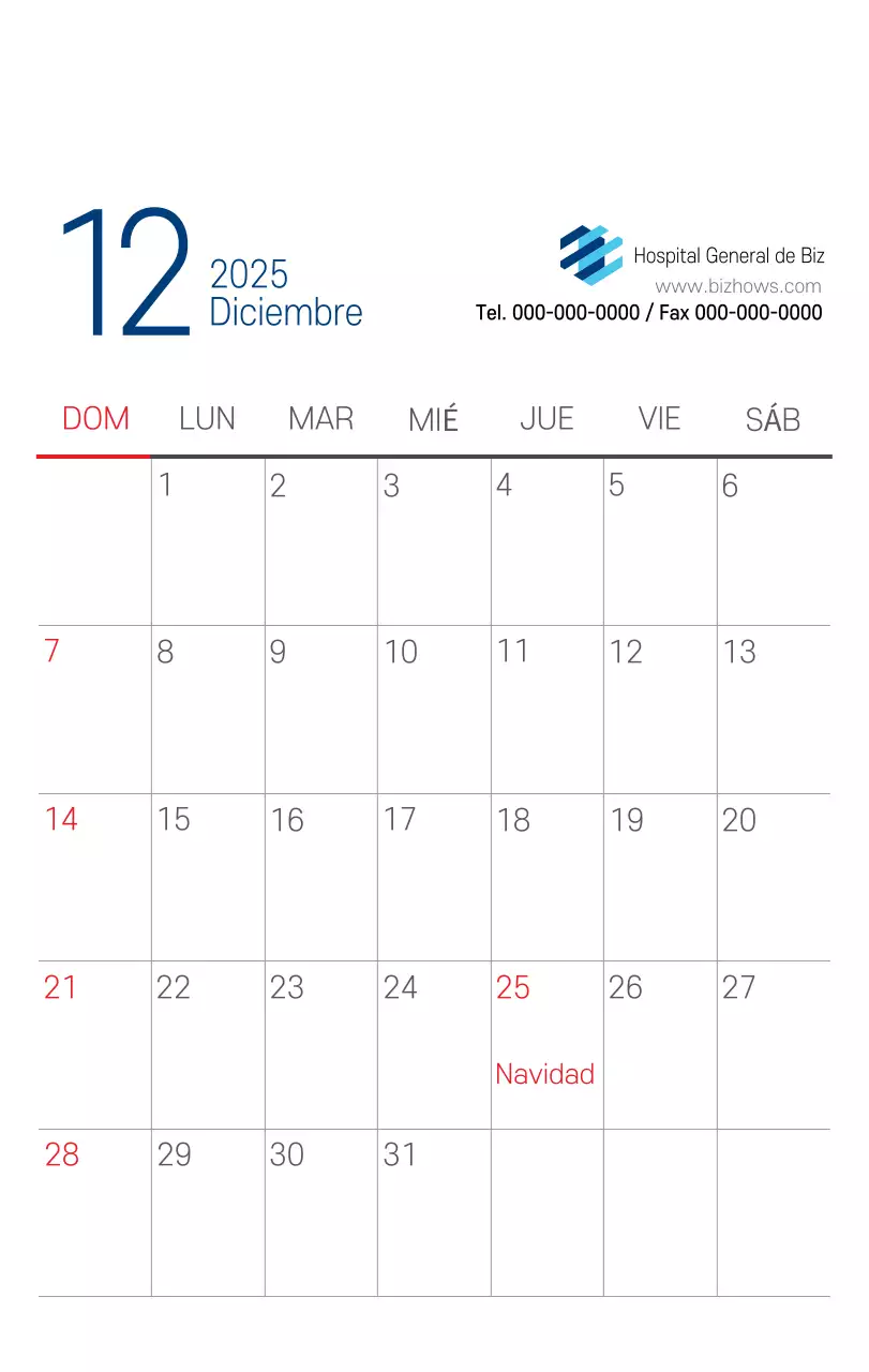 Calendario promocional Hospital Navy White Simple