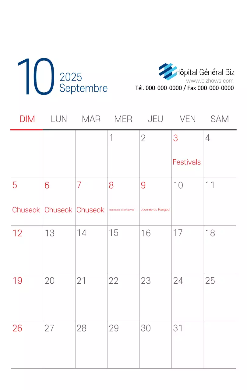 Calendrier promotionnel d'hôpital simple blanc marine