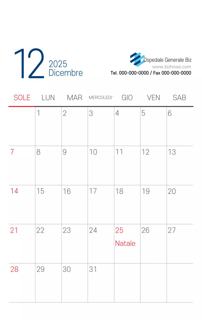 Calendario promozionale dell'ospedale semplice, bianco e blu