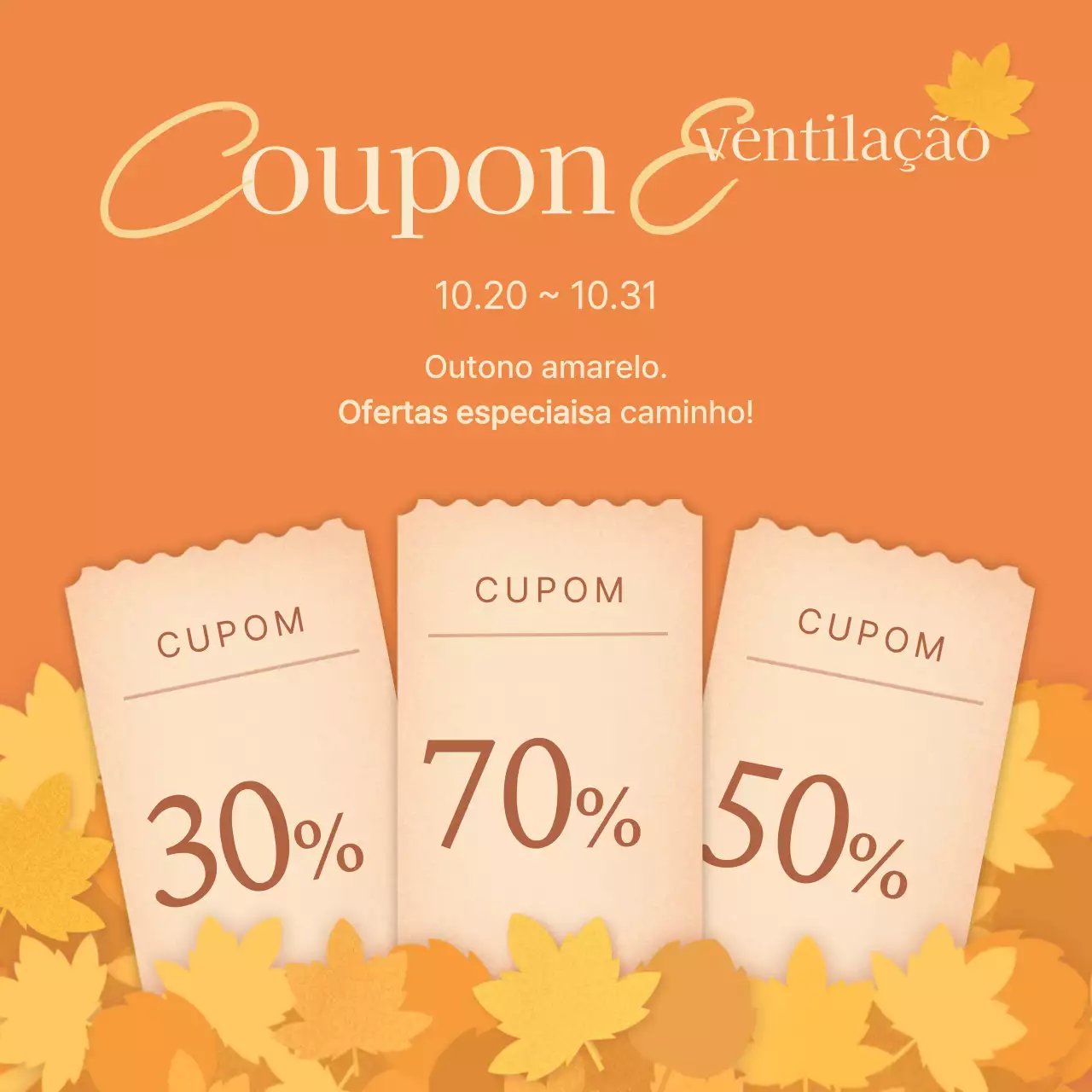 Promover eventos de cupões de outono com folhas caídas cor de laranja e amarelas