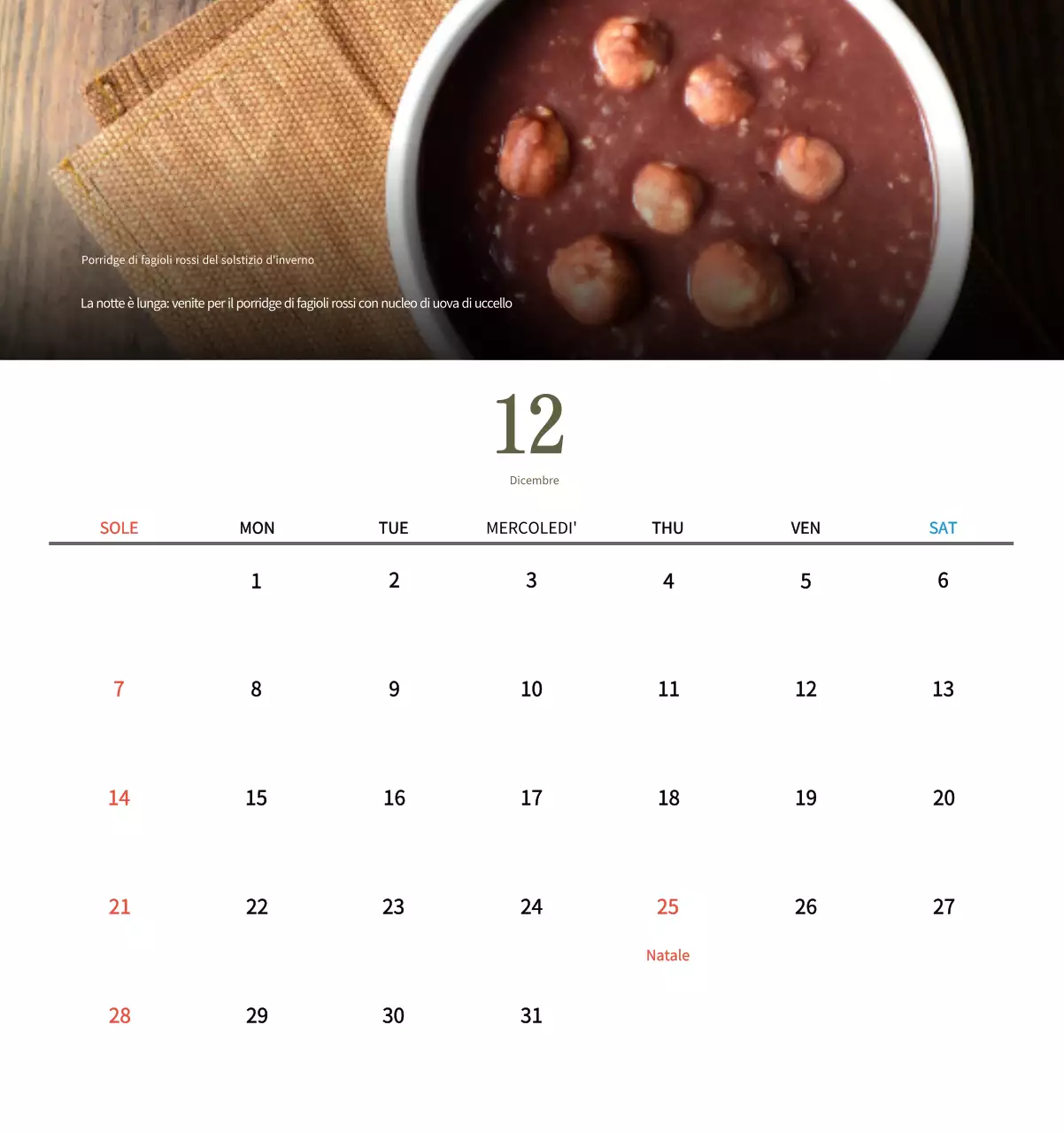Calendario alimentare tradizionale beige