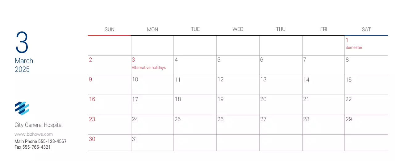 Navy White Simple Hospital Promotional Calendar