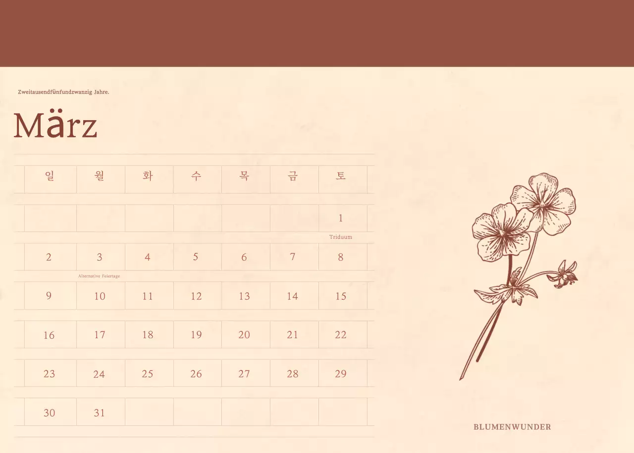 Ein sentimentaler Blumenkalender in hellbraunem und braunem Velinpapierkonzept