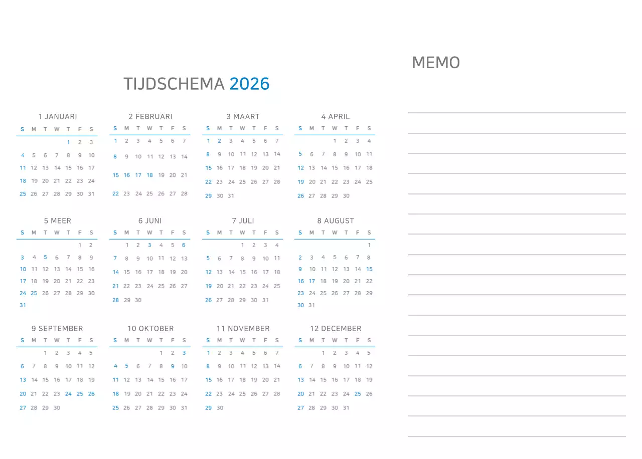 Blauwe minimalistische kalender