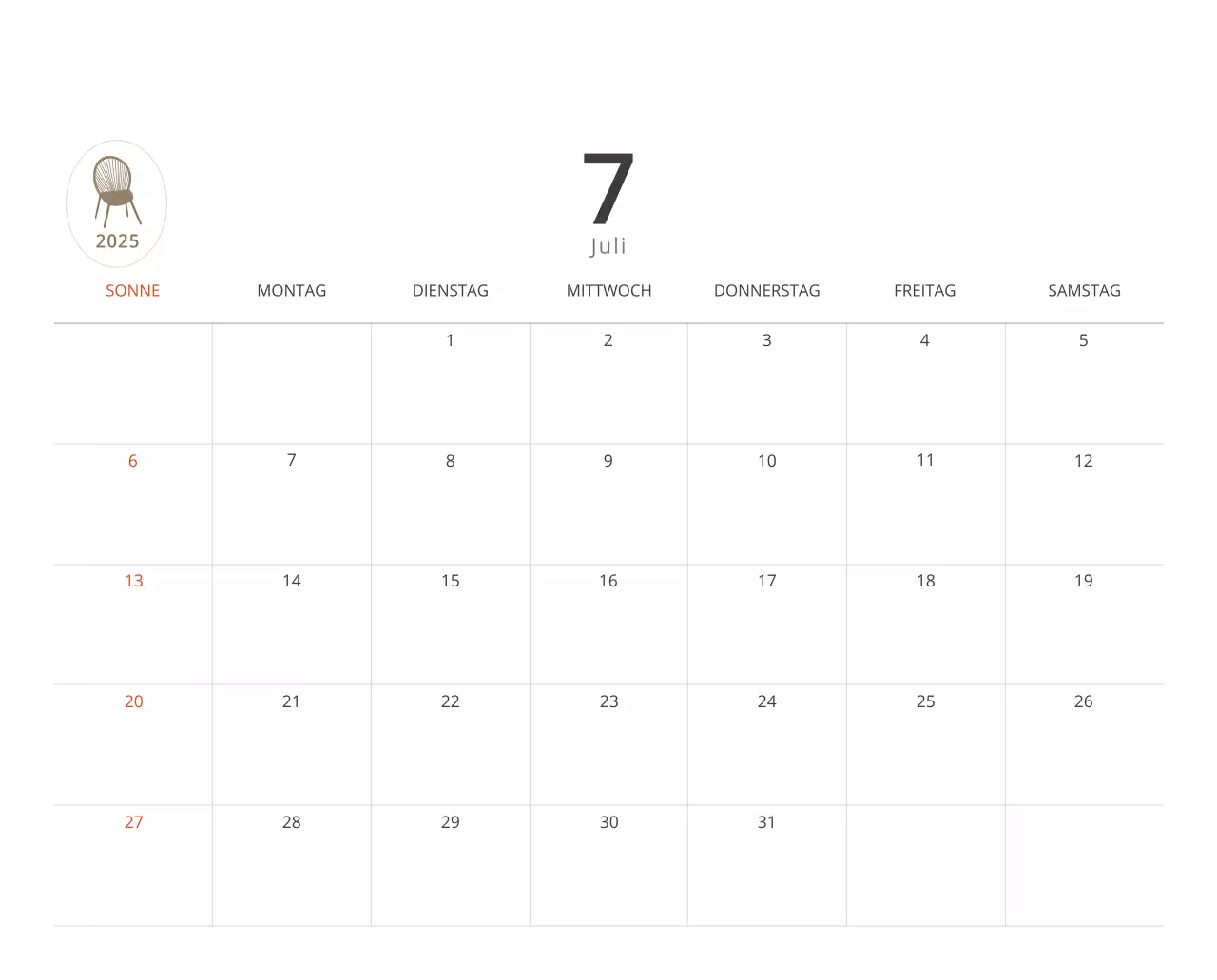Beigefarbener minimalistischer Innenkalender