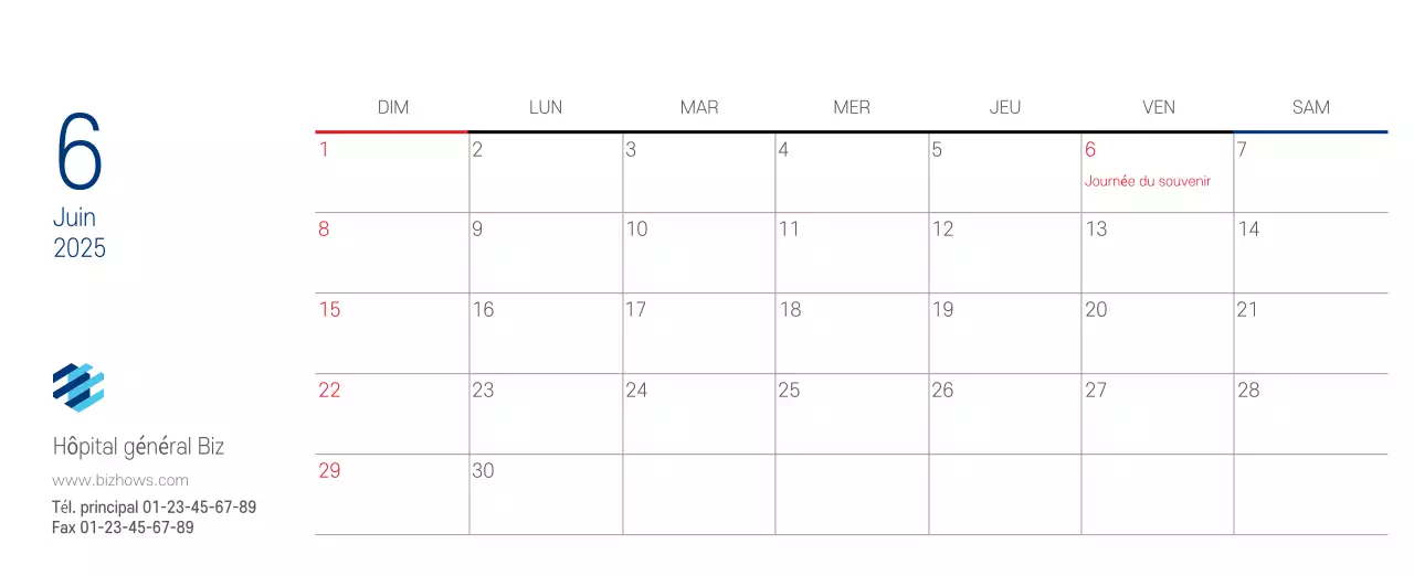 Calendrier promotionnel d'hôpital simple blanc marine