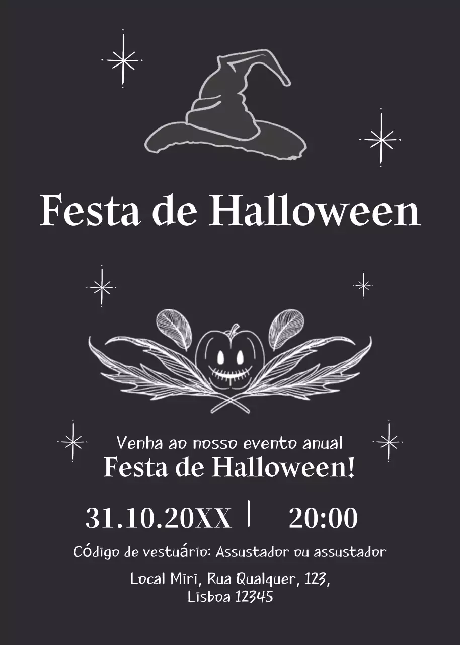 convite para festa de Halloween preto e branco