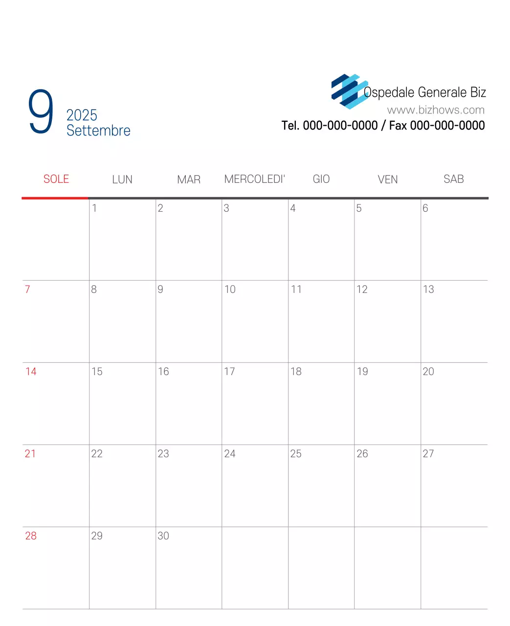 Calendario promozionale dell'ospedale semplice, bianco e blu