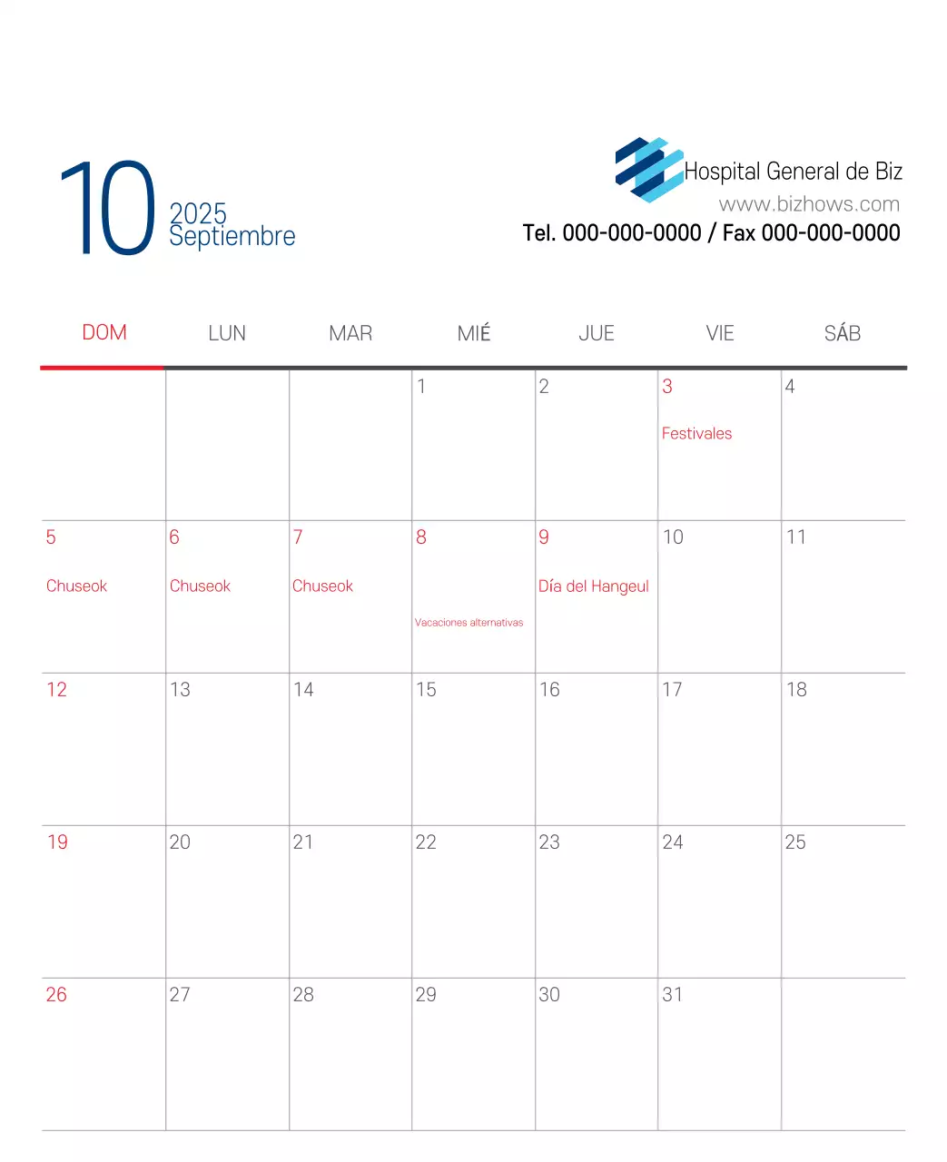 Calendario promocional Hospital Navy White Simple