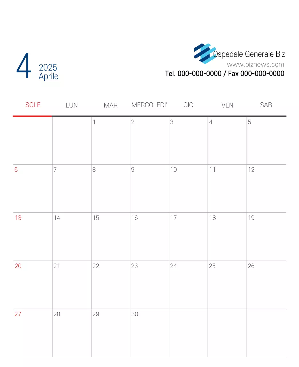 Calendario promozionale dell'ospedale semplice, bianco e blu
