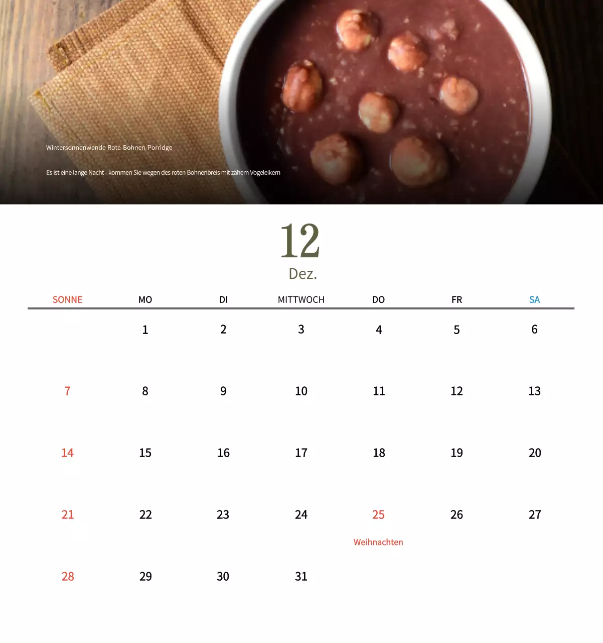 Beige Traditioneller Speisekalender