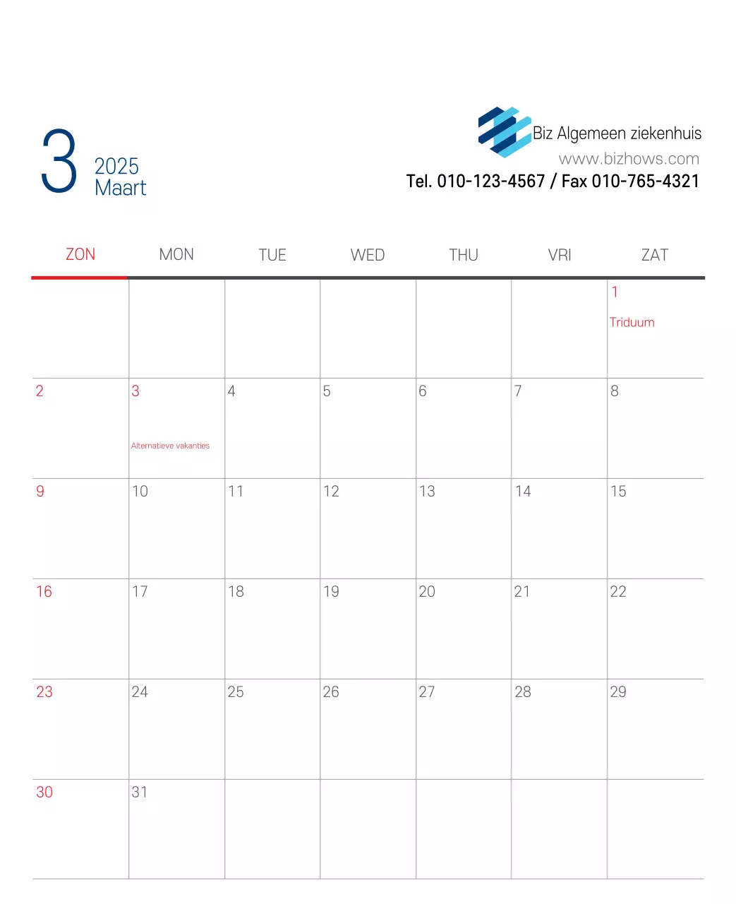 Navy Witte Eenvoudige Ziekenhuis Promotiekalender