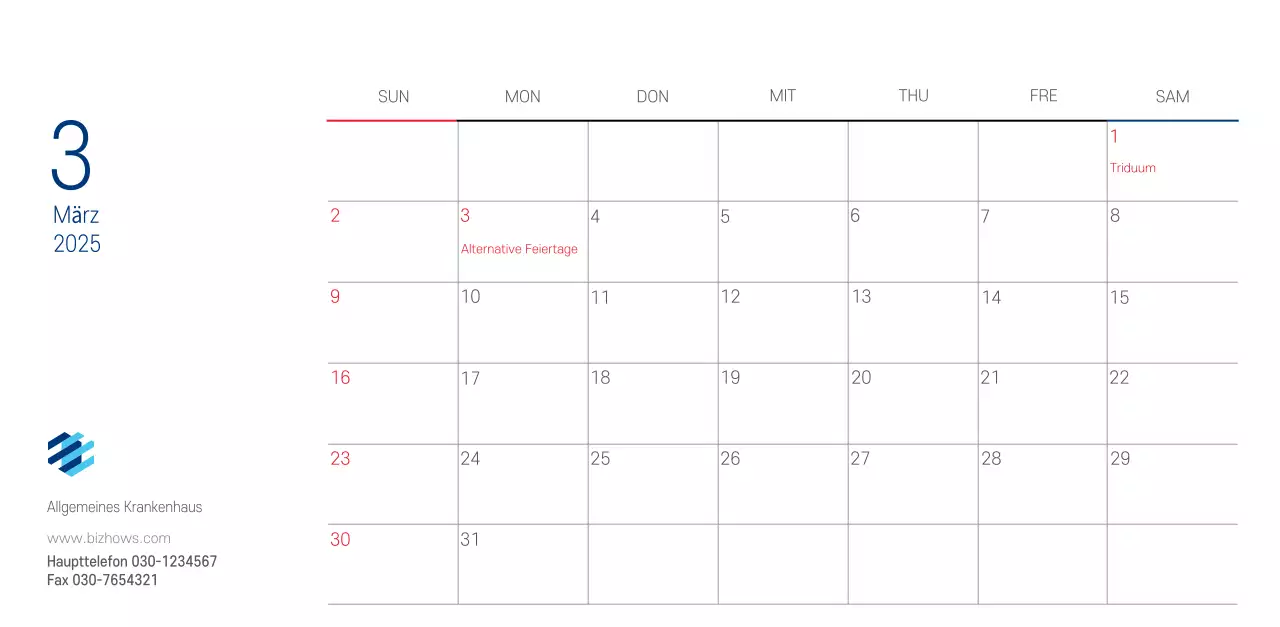 Marineblauer einfacher Krankenhaus-Werbekalender