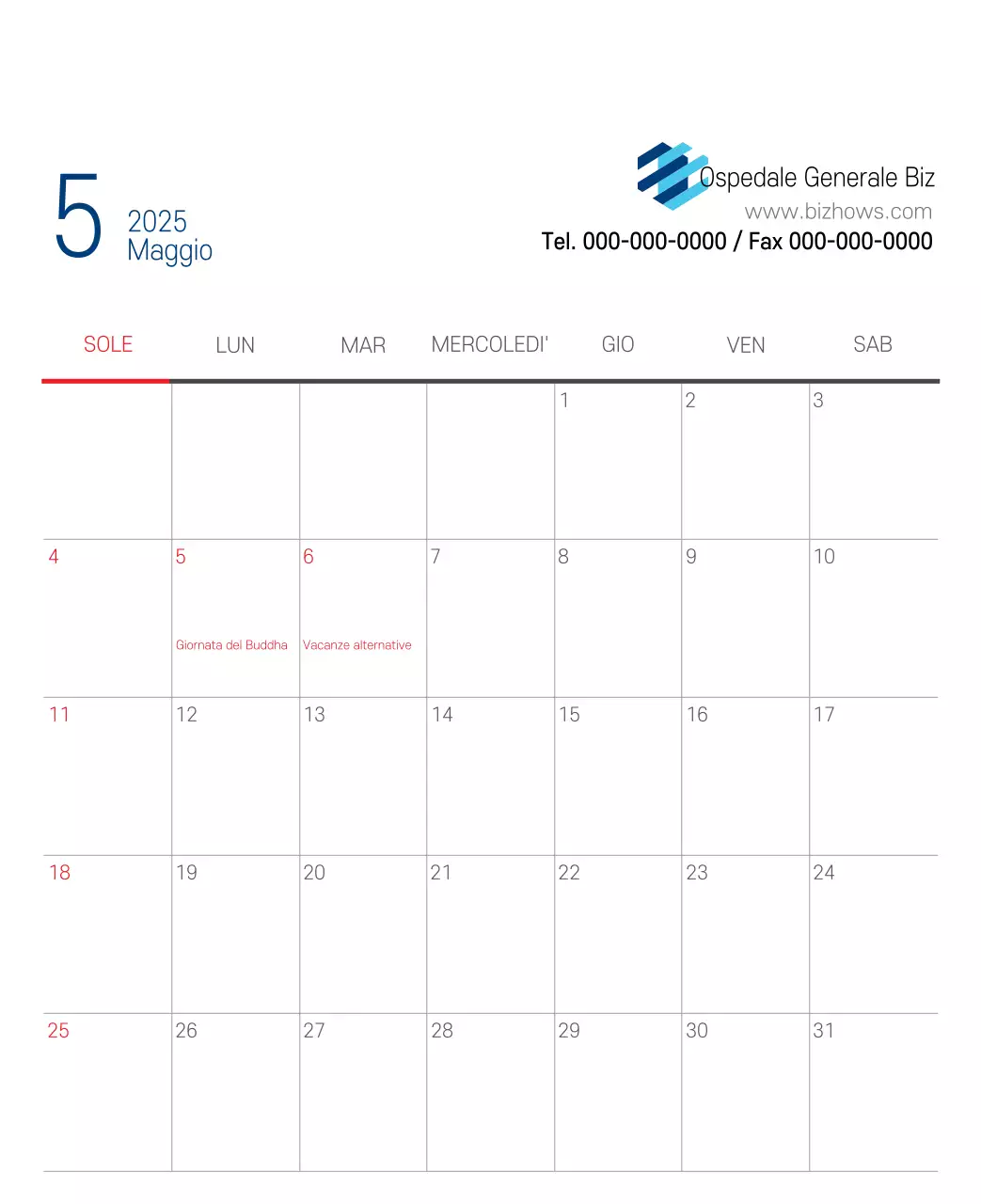 Calendario promozionale dell'ospedale semplice, bianco e blu