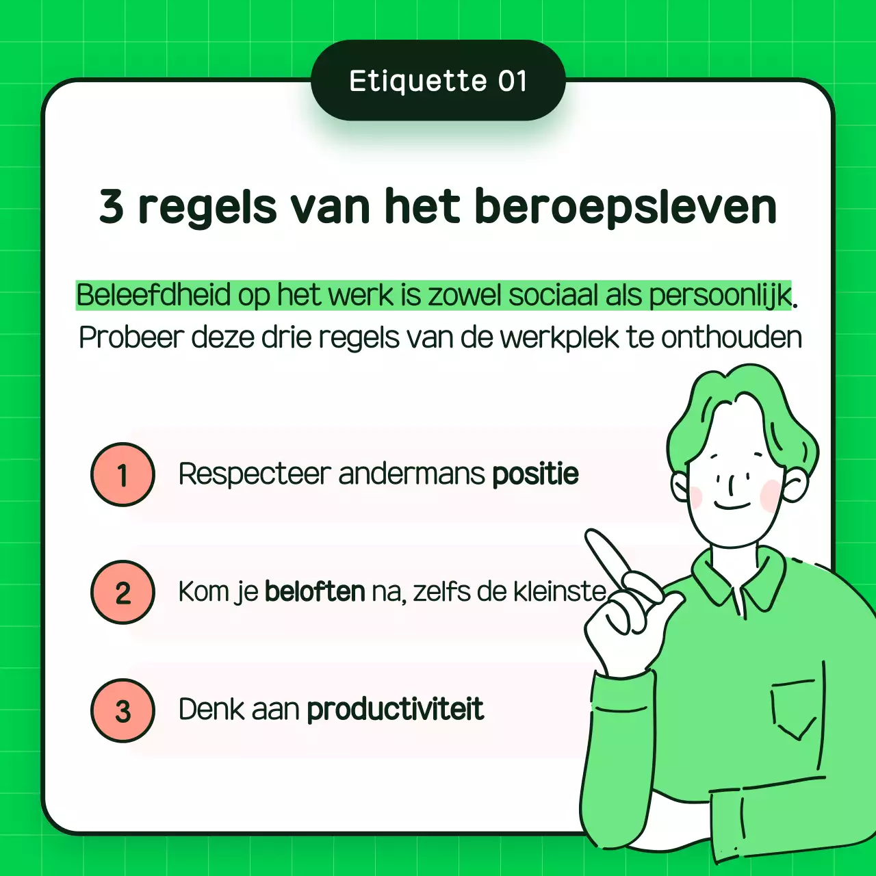 Groen en eenvoudig trainingsmateriaal voor werkpleketiquette